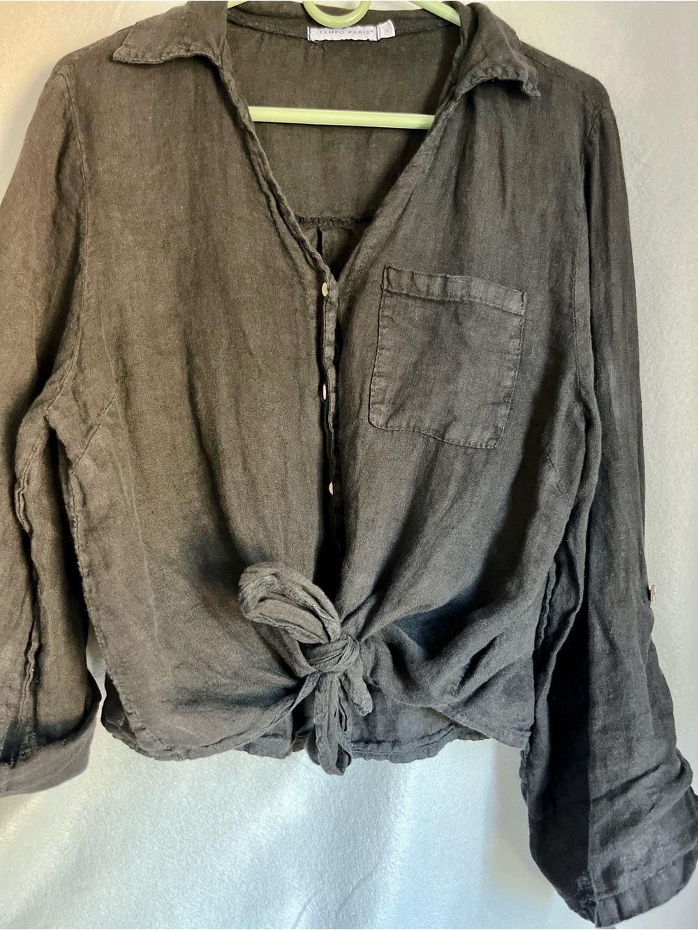 Tempo Paris Linen Tie Front Button Down Shirt Black L-XL Boho Coastal Top
